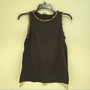 J. Crew sleeveless black blouse with leopard print ruffle trim